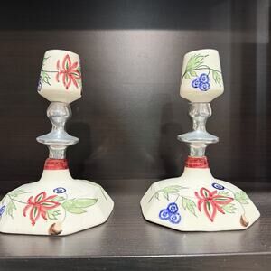 Pair Mexican Pottery Candlesticks 6.25” Hand Painted Talavera Style Decor
